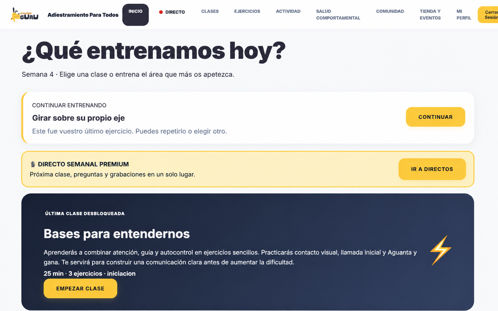Pantalla de inicio real de Adiestramiento Para Todos con acceso a ejercicios, respuestas a preguntas y Hump Day
